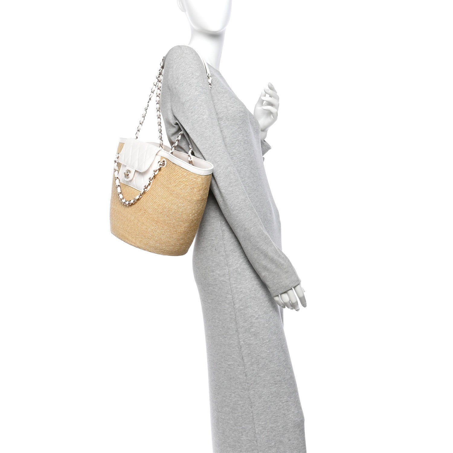 Chanel Raffia Braided Lambskin Large Wicker Tote Beige White 2 of 11
