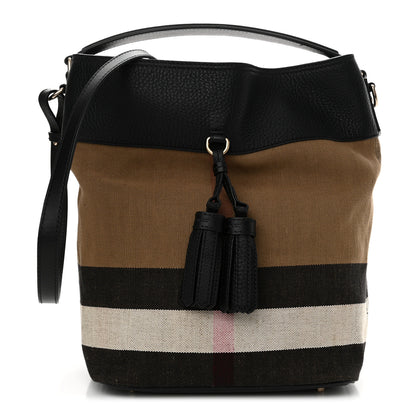 Burberry Grainy Calfskin Canvas Mega Check Medium Ashby Tassel Hobo Black 1 of 13