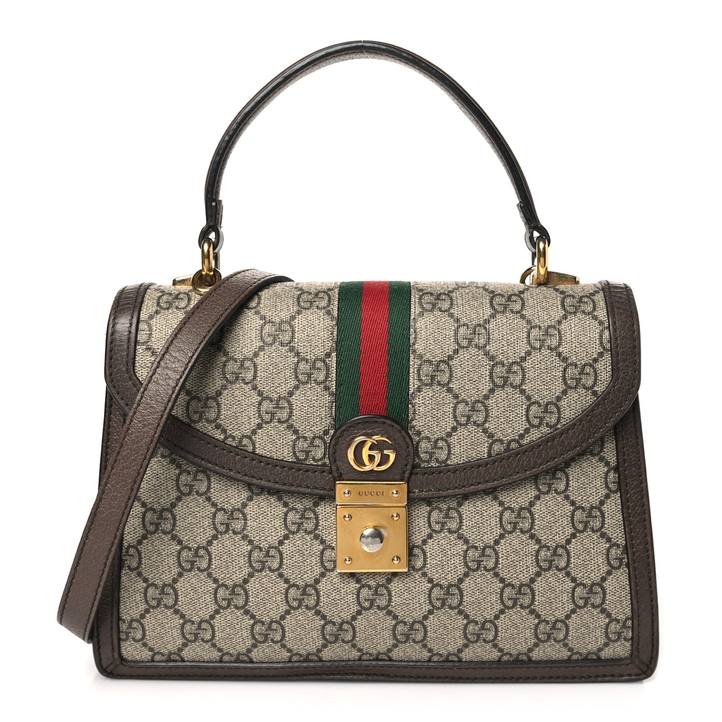 GG Supreme Monogram Textured Dollar Calfskin Web Small Ophidia Padlock Top Handle Bag Beige Ebony New Acero