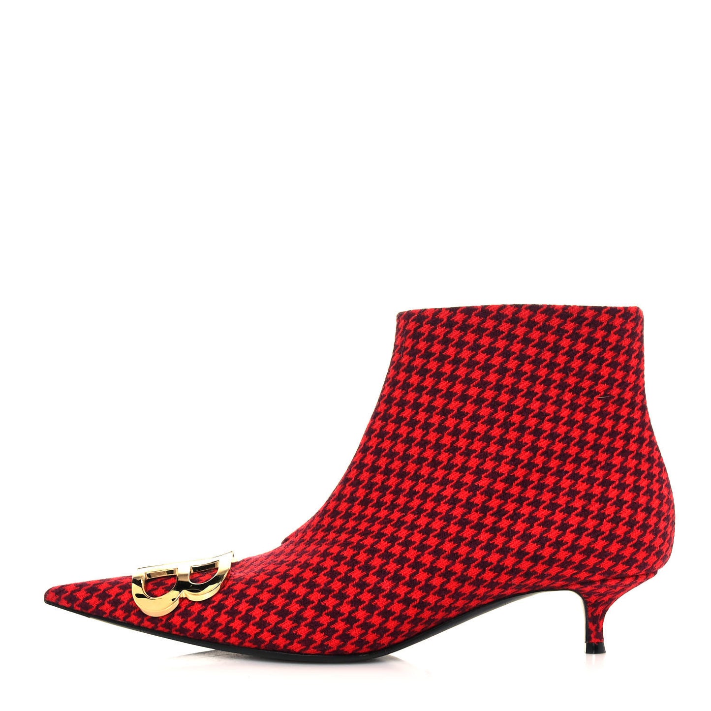 Wool Houndstooth BB Pointy Toe Ankle Booties 39 Red Black Gold