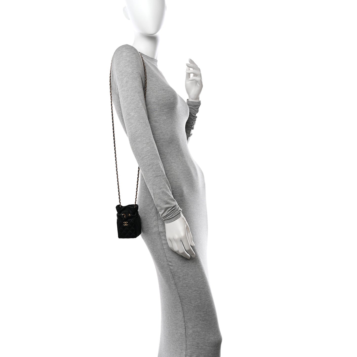Calfskin Quilted Mini Drawstring Bucket Bag Black