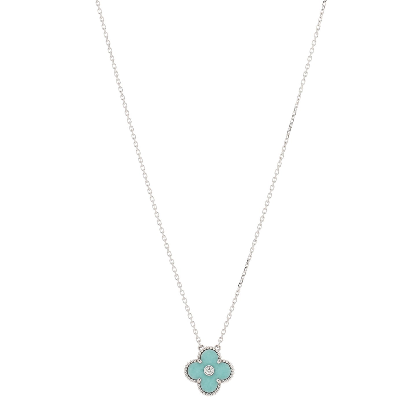 18K White Gold Diamond Celadon Green Sevres Porcelain Vintage Alhambra Pendant Necklace