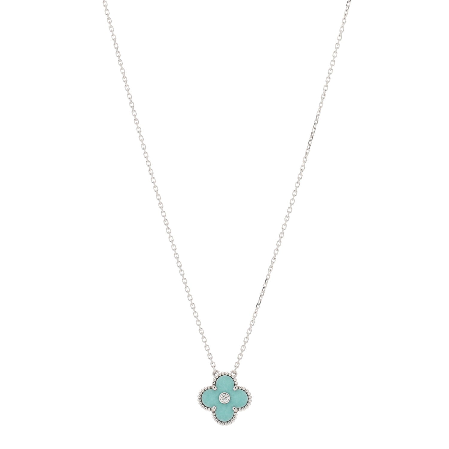 Van Cleef & Arpels 18K White Gold Diamond Celadon Green Sevres Porcelain Vintage Alhambra Pendant Necklace 1 of 3