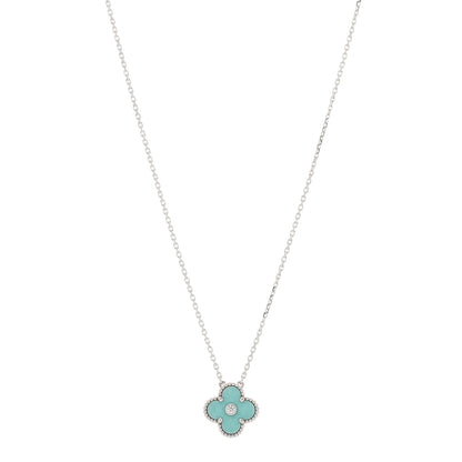 Van Cleef & Arpels 18K White Gold Diamond Celadon Green Sevres Porcelain Vintage Alhambra Pendant Necklace 1 of 3