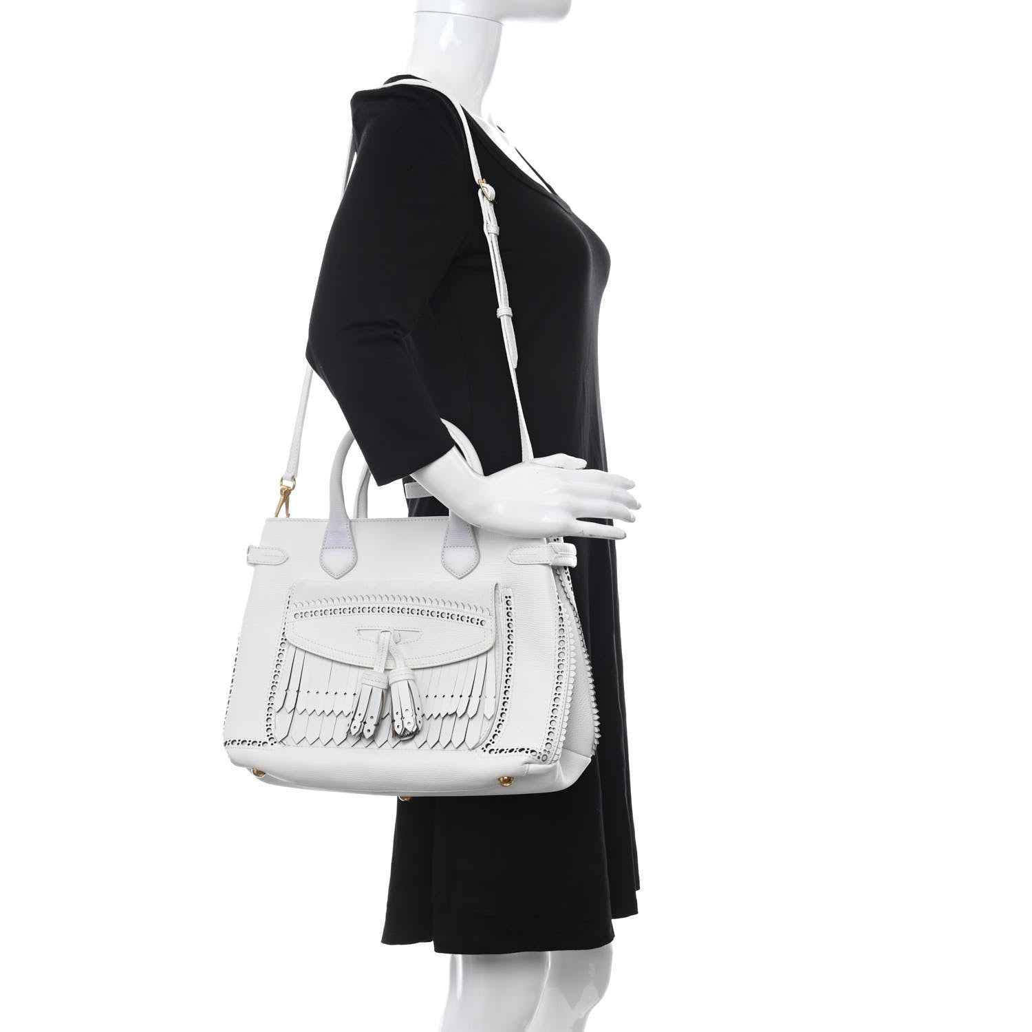 Burberry Grainy Calfskin Perforated Medium Broguing Tassel Banner Tote Chalk White 2 of 9