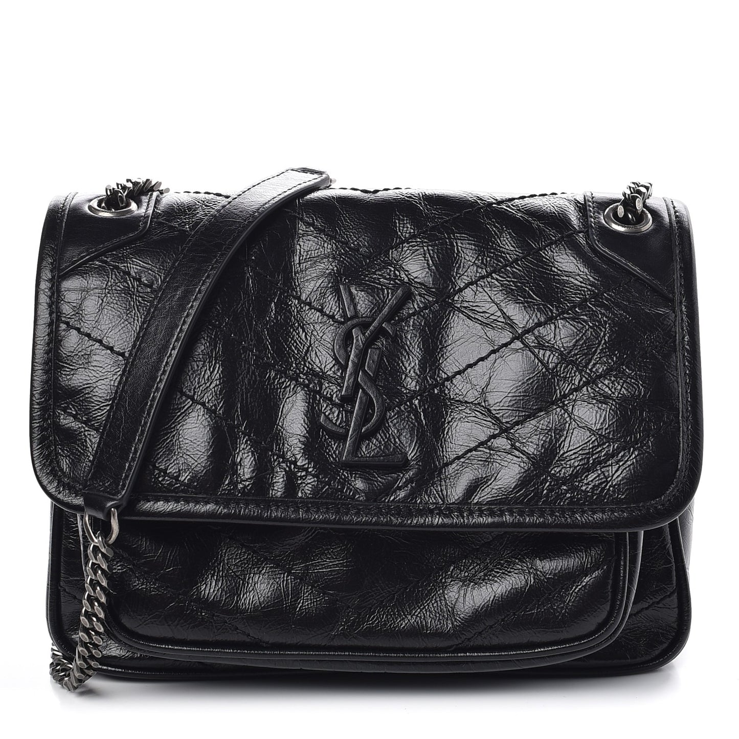 Crinkled Calfskin Matelasse Monogram Baby Niki Chain Satchel Black