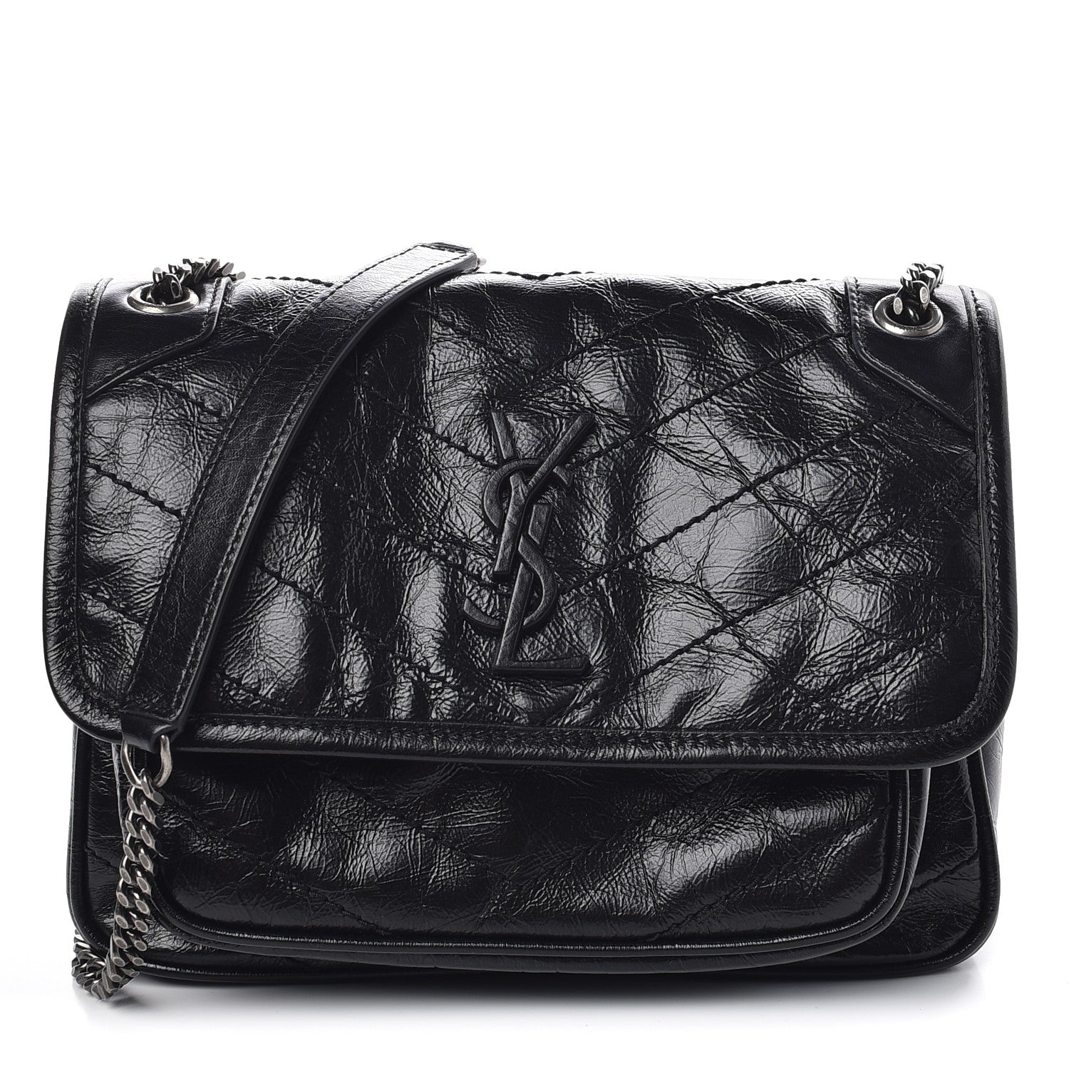 Saint Laurent Crinkled Calfskin Matelasse Monogram Baby Niki Chain Satchel Black 1 of 7