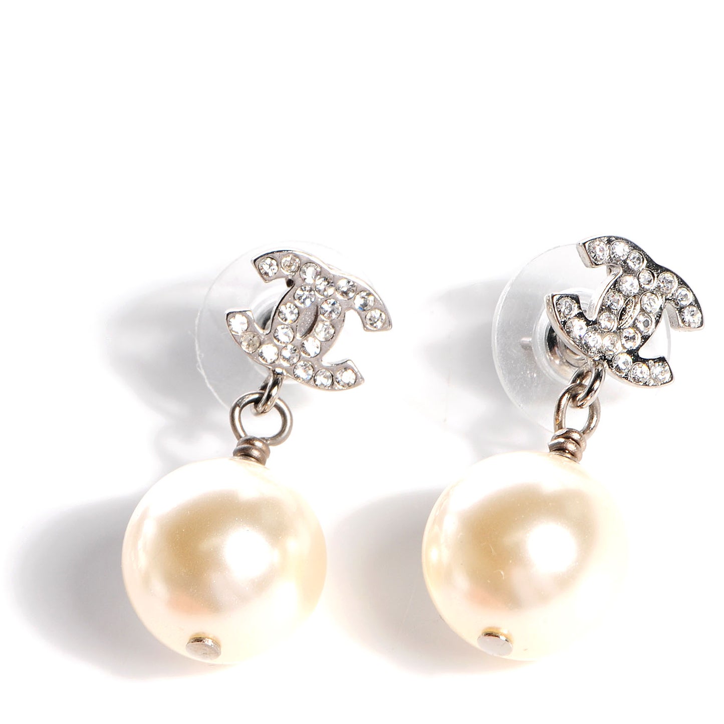 Crystal CC Pearl Dangle Earrings Silver