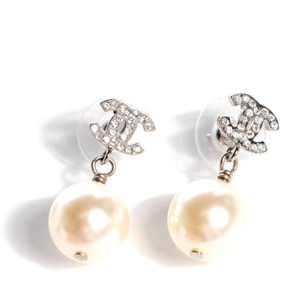 Chanel Crystal CC Pearl Dangle Earrings Silver 1 of 5