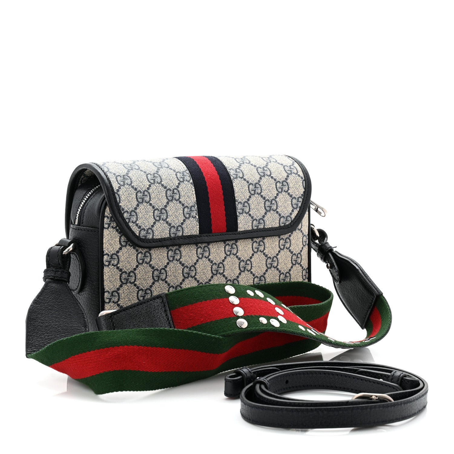 Gucci GG Supreme Monogram Textured Dollar Calfskin Web Studded Mini Ophidia Flap Shoulder Bag Beige Blue 3 of 12