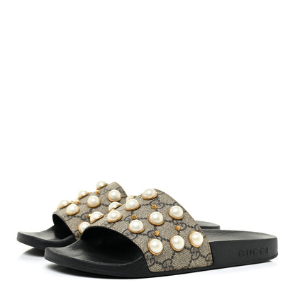 Gucci GG Supreme Monogram Slide Pearls Sandals 36 Beige 3 of 9