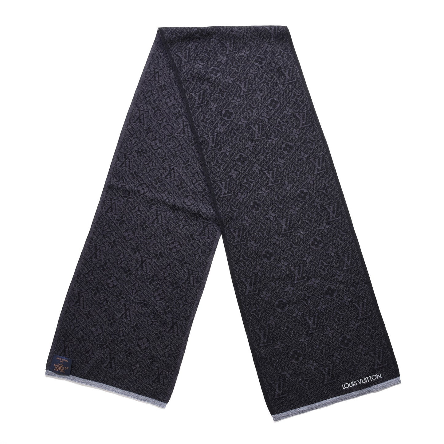 Wool Monogram Scarf Black Charcoal Grey