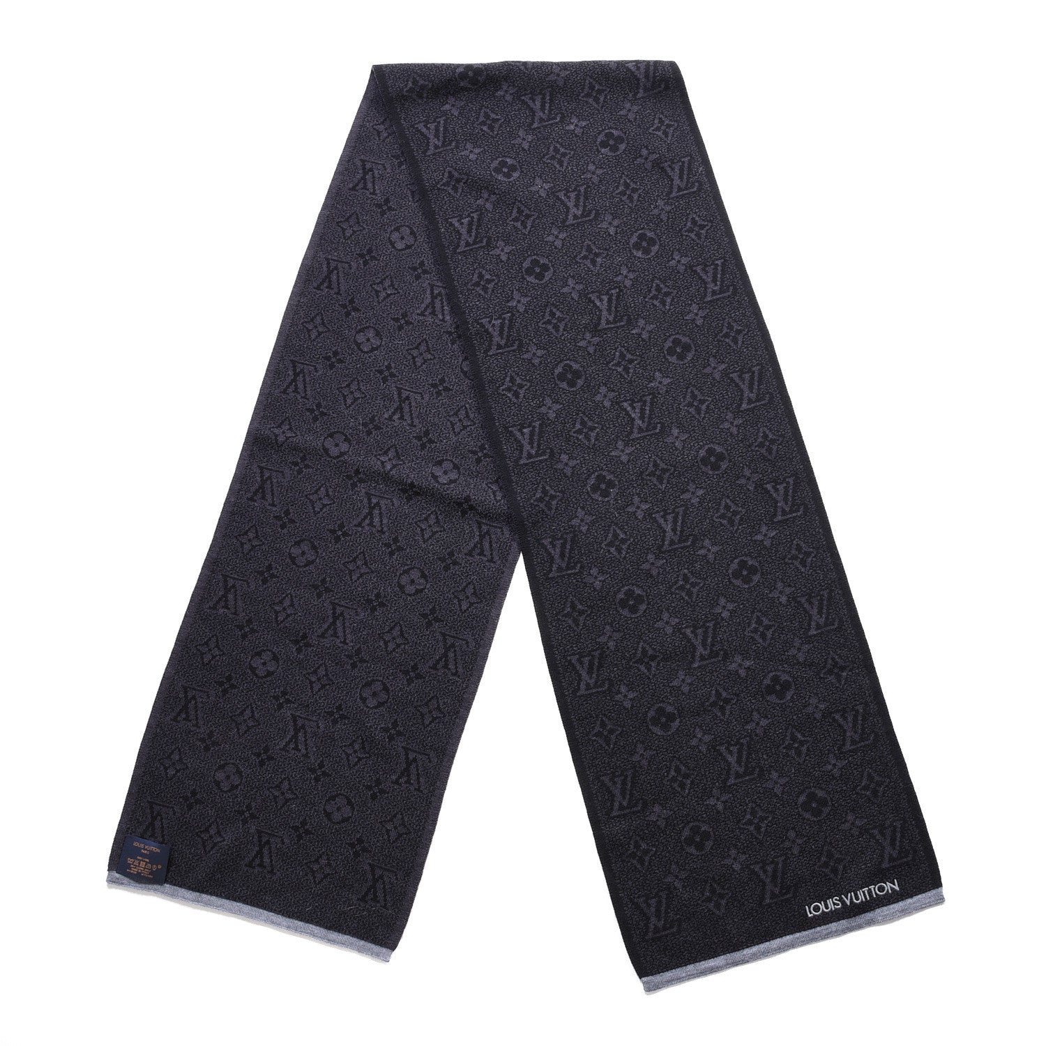 Louis Vuitton Wool Monogram Scarf Black Charcoal Grey 2 of 5