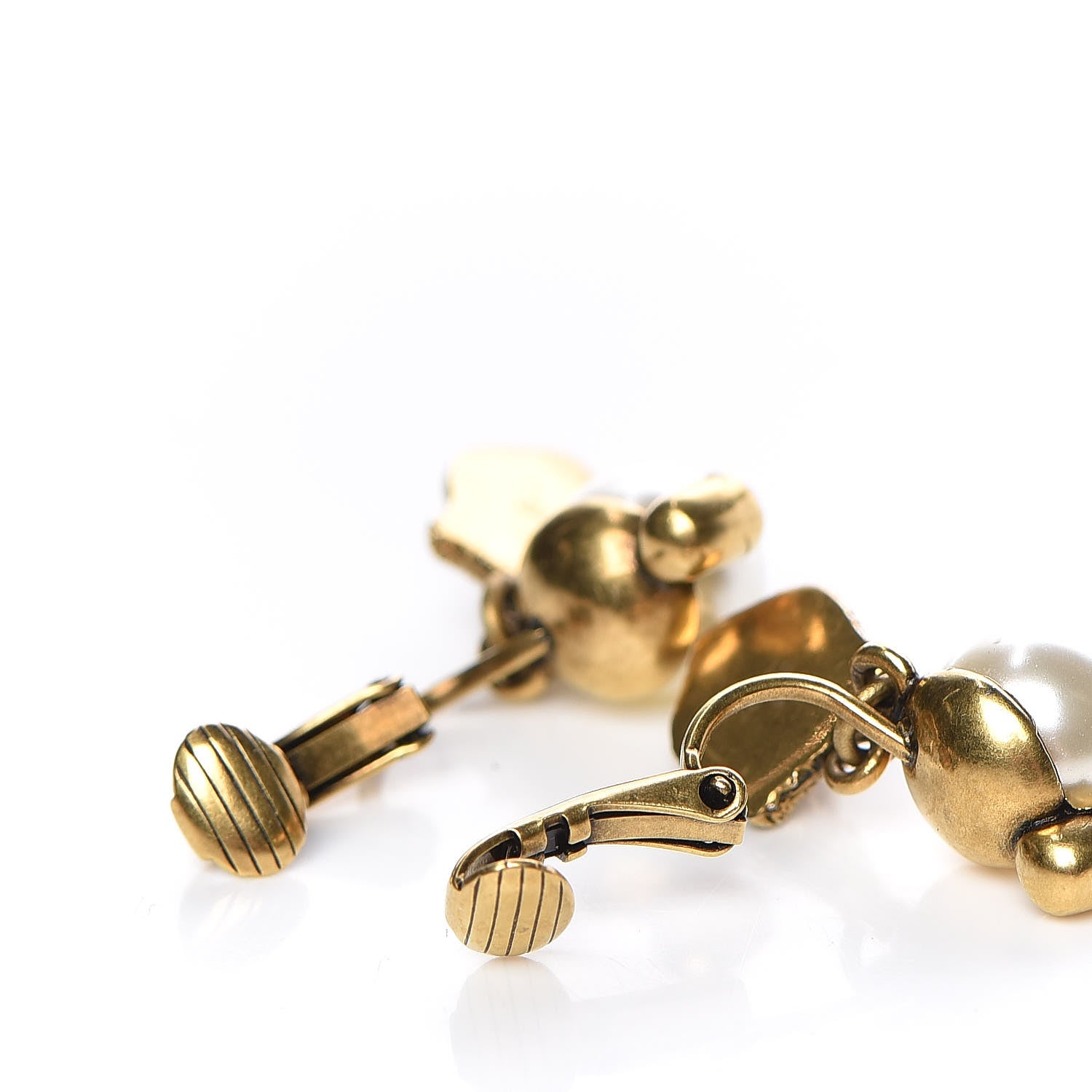 Gucci Metal Crystal Resin Pearl Feline Clip On Earrings Aged Gold 3 of 5