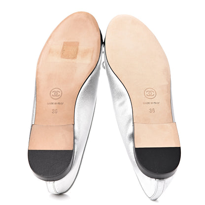 Chanel Laminated Lambskin Grosgrain Cap Toe CC Ballerina Flats 36 Silver Black 5 of 16