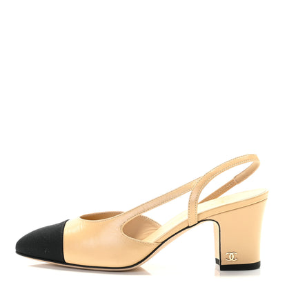 Chanel Goatskin Grosgrain Cap Toe CC Slingback Pumps 36 Beige Black 1 of 10