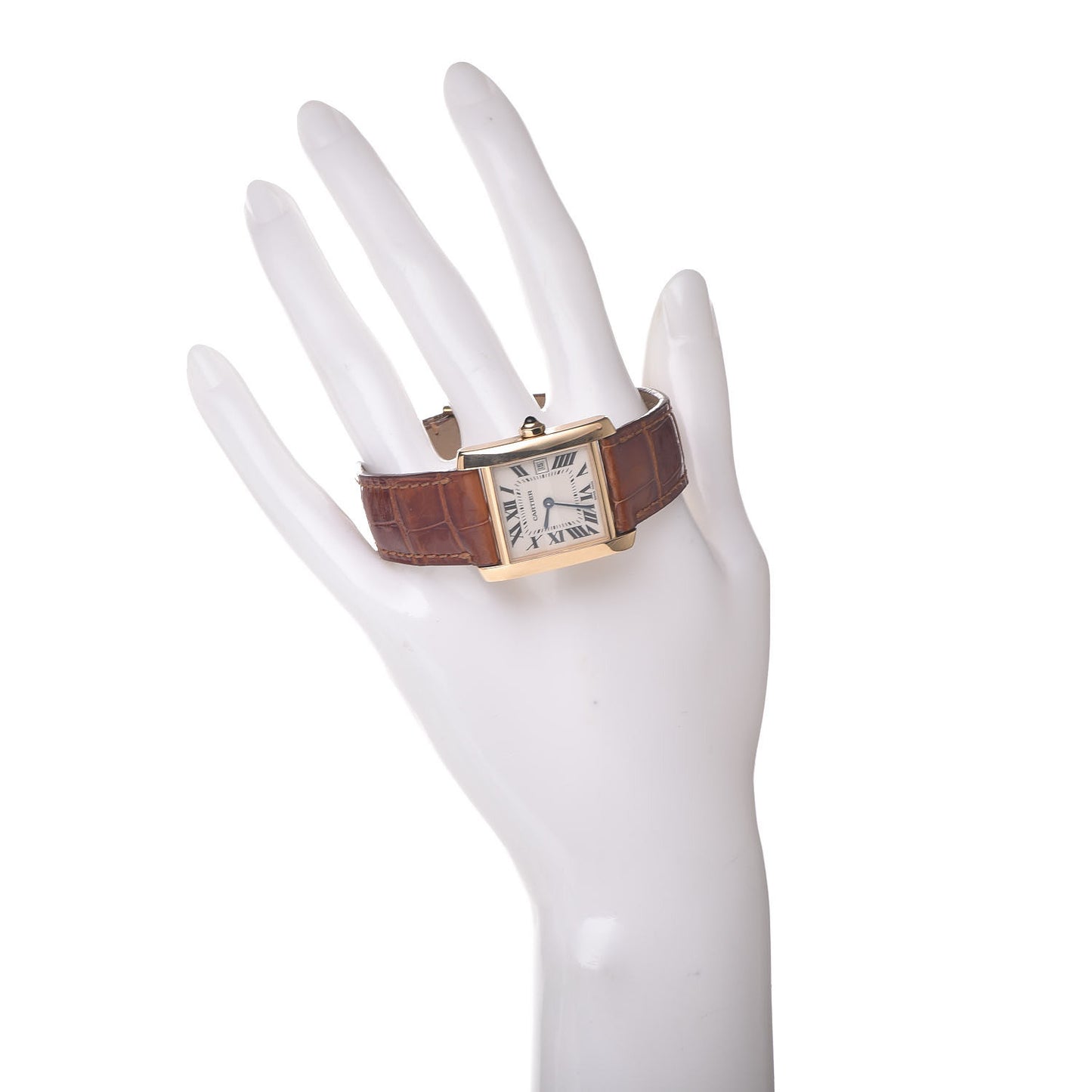 18K Yellow Gold Alligator 25mm Tank Francaise Quartz Watch Brown