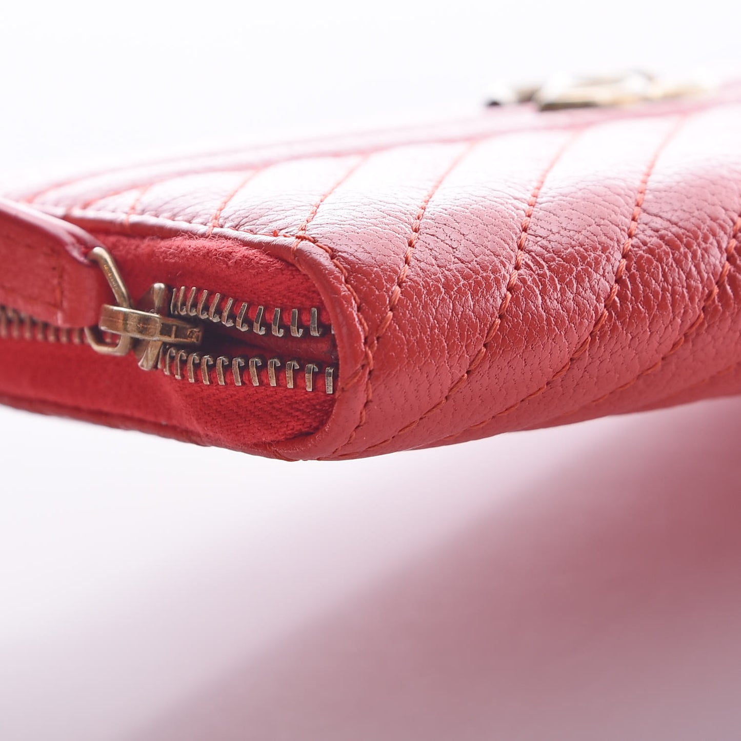 Shiny Goatskin Diagonal Quilted Small Zip Around Wallet Red