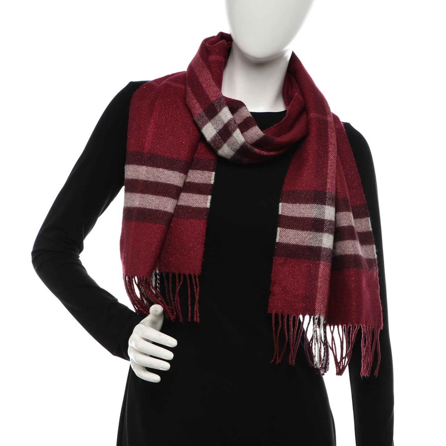 Cashmere Metallic Giant Check Fringe Scarf Red