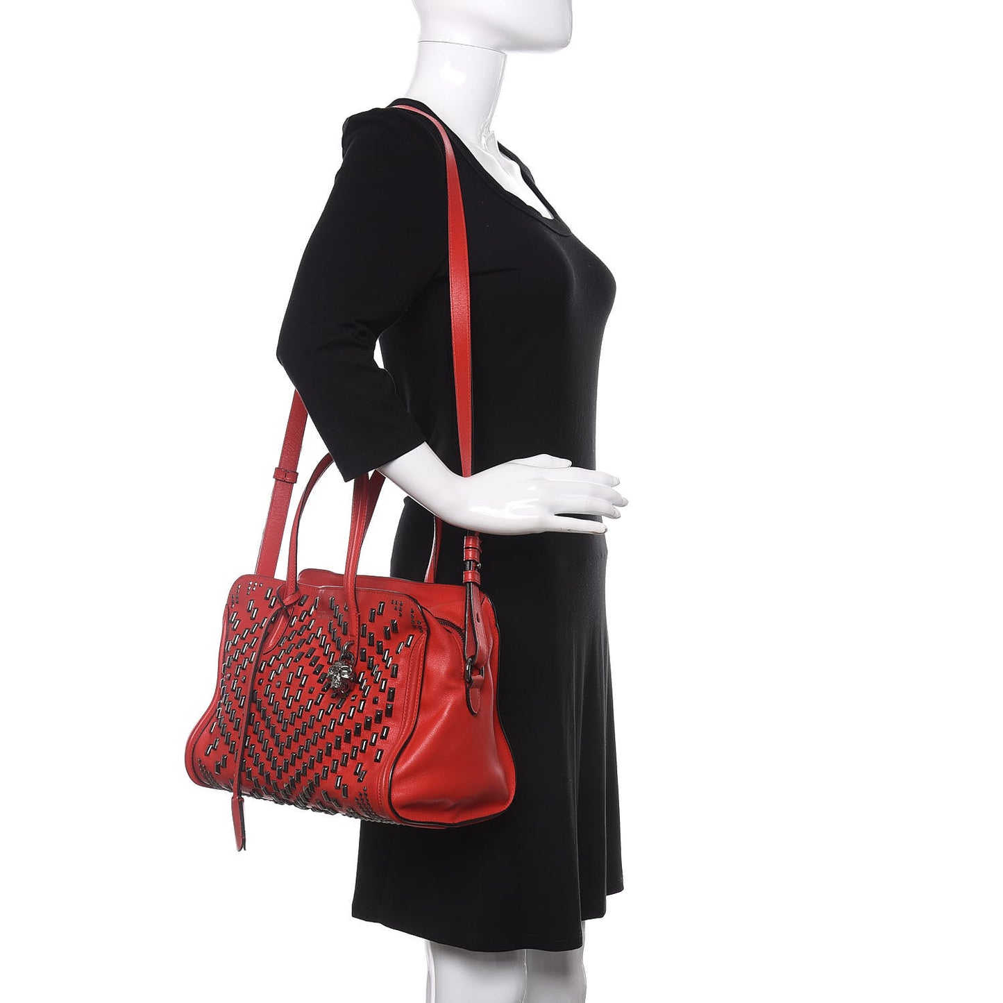 Calfskin Small Studded Padlock Zip Around Tote Red