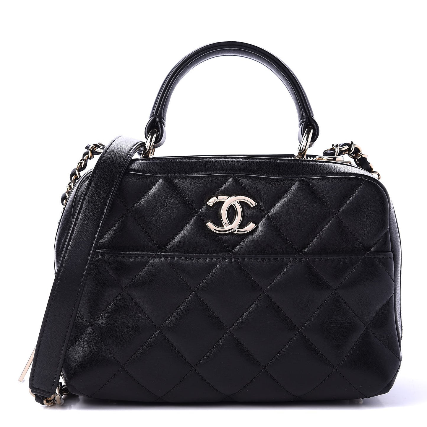 Lambskin Quilted Small Trendy CC Bowling Bag Black