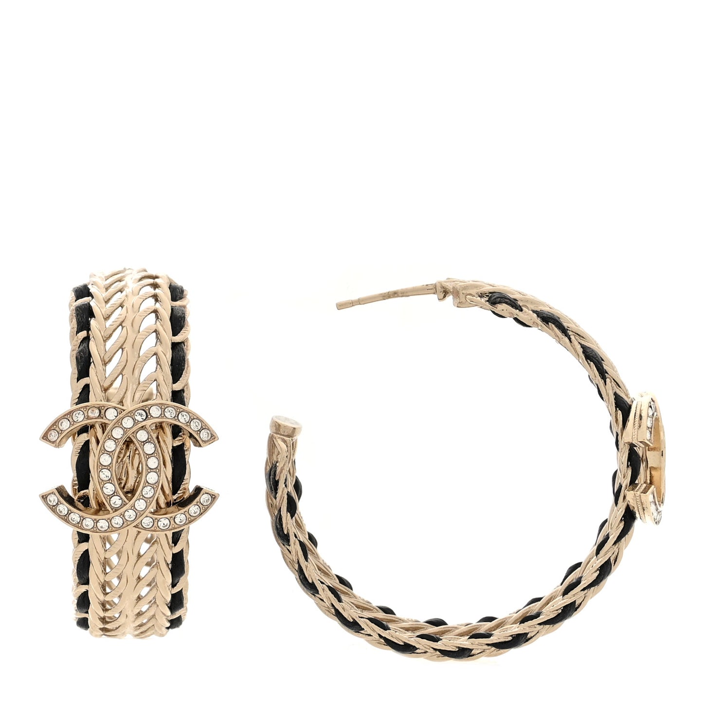 Crystal Lambskin CC Chain Hoop Earrings Gold Black