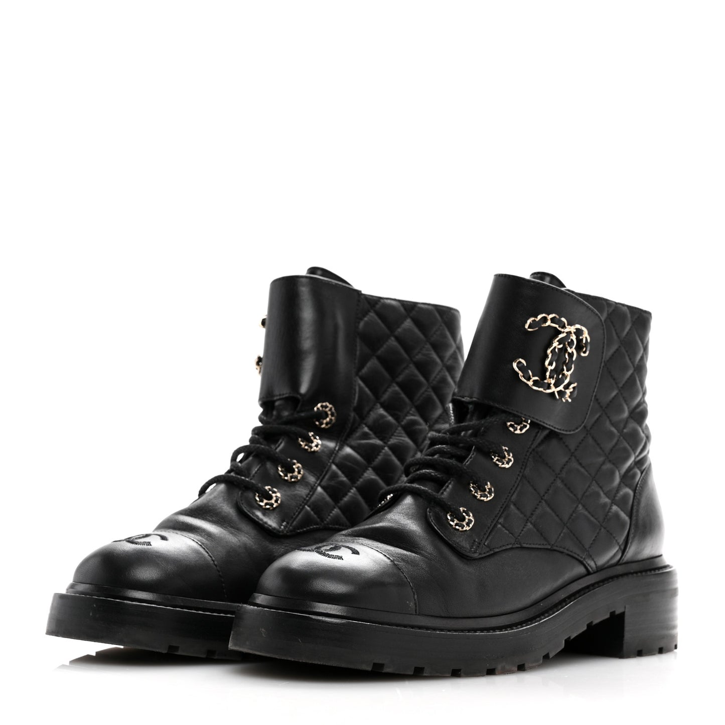Shiny Goatskin Calfskin Quilted Lace Up Combat Boots 40 Black