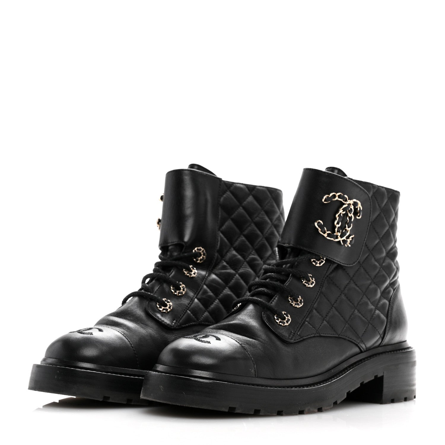 Chanel Shiny Goatskin Calfskin Quilted Lace Up Combat Boots 40 Black 4 of 10