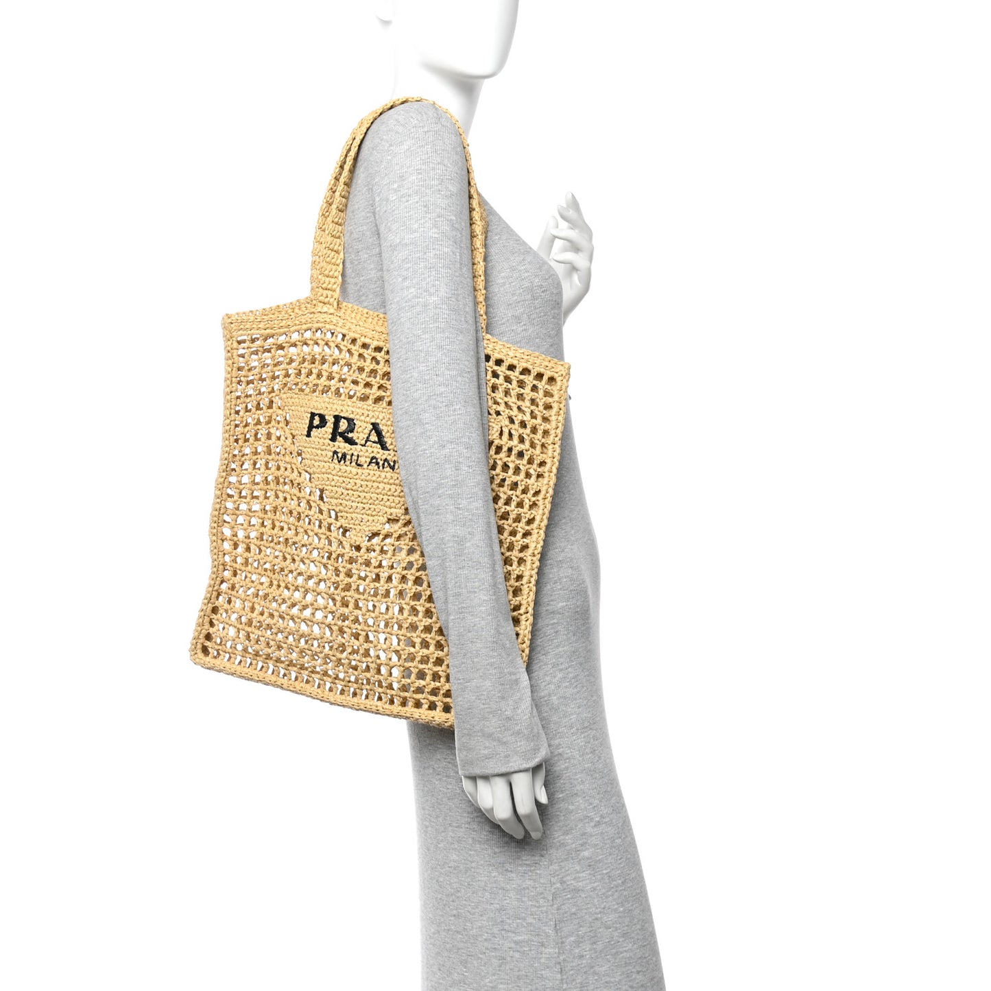 Yarn Raffia Effect Crochet Logo Embroidered Tote Bag Naturale