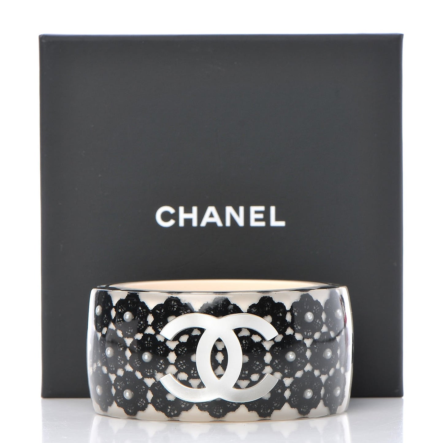 Resin Lace Pearl CC Cuff Bracelet Black