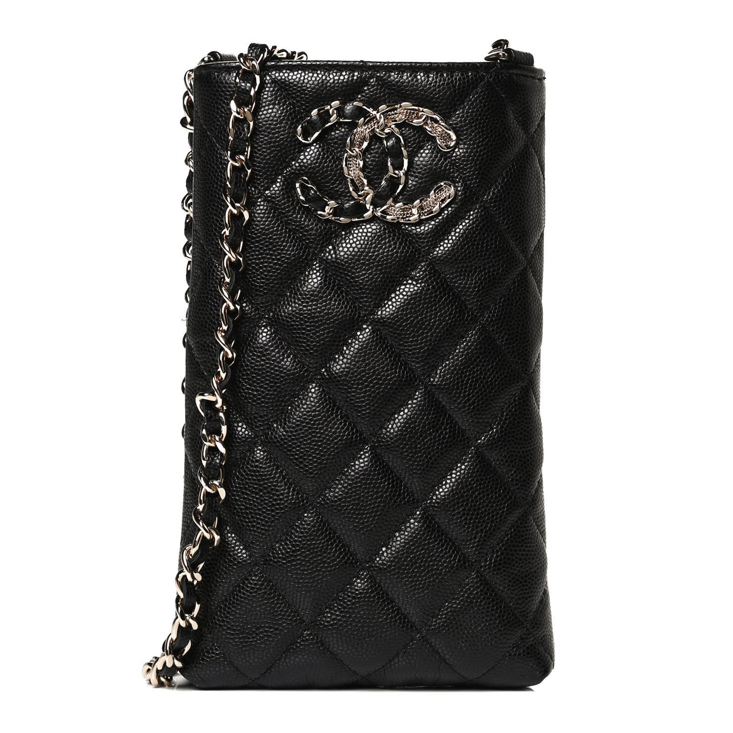 Caviar Quilted French New Wave Phone Holder With Chain Black