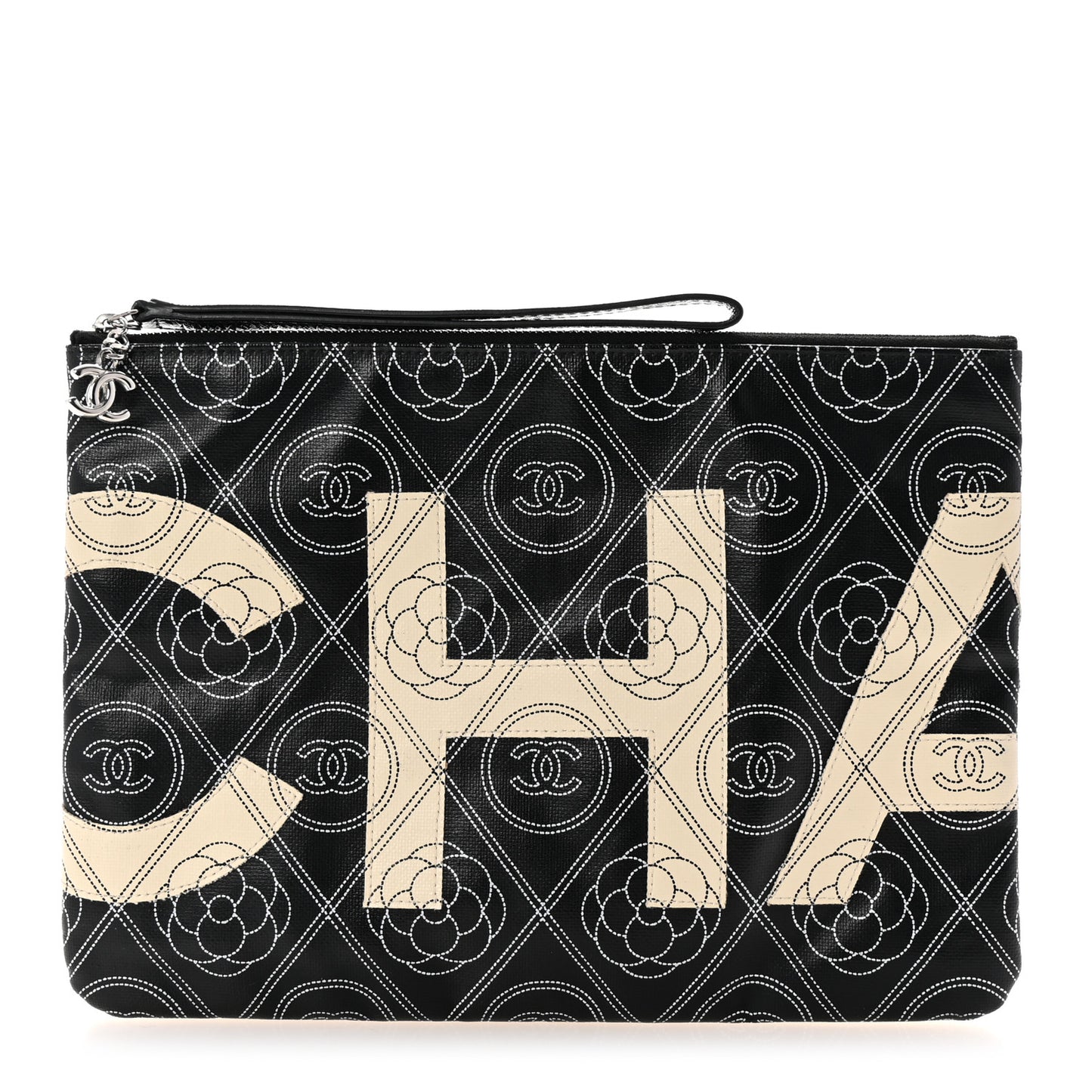 Coated Canvas Calfskin Camellia Printed Pouch Black Beige