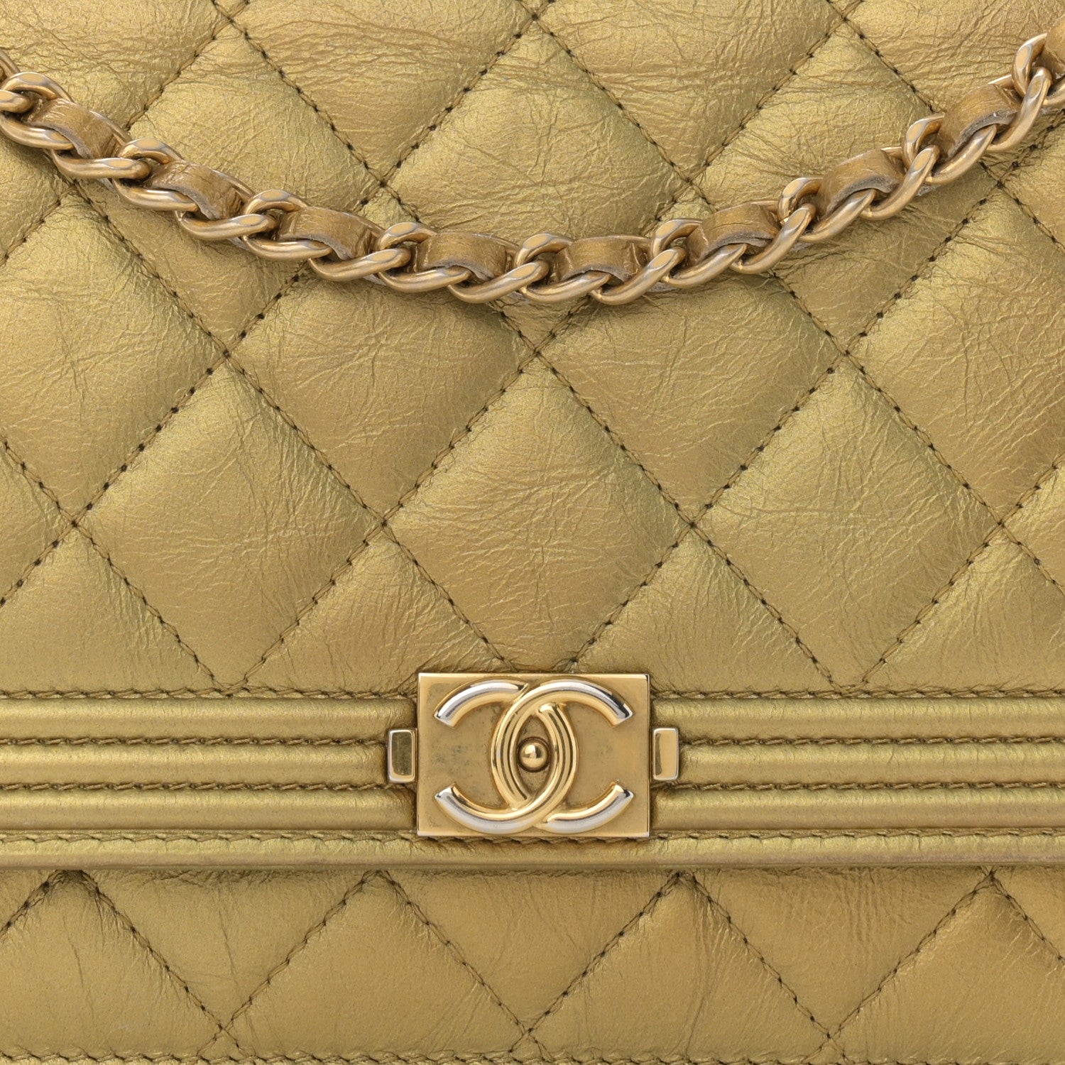 Chanel Distressed Calfskin Quilted Boy Wallet On Chain WOC Gold 9 of 15