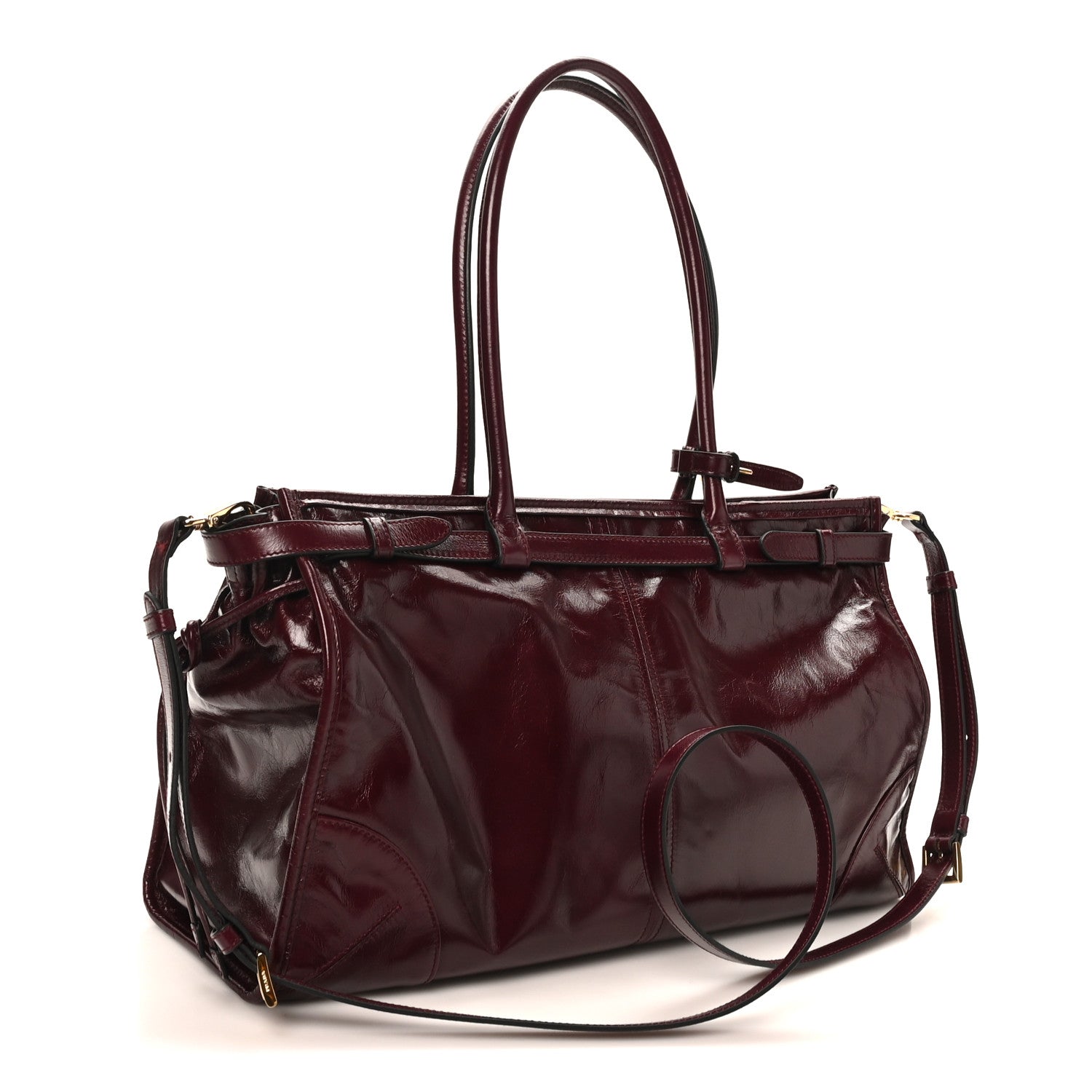 Prada Glossy Calfskin Triangle Large Bonnie Shoulder Bag Bordeaux 3 of 9