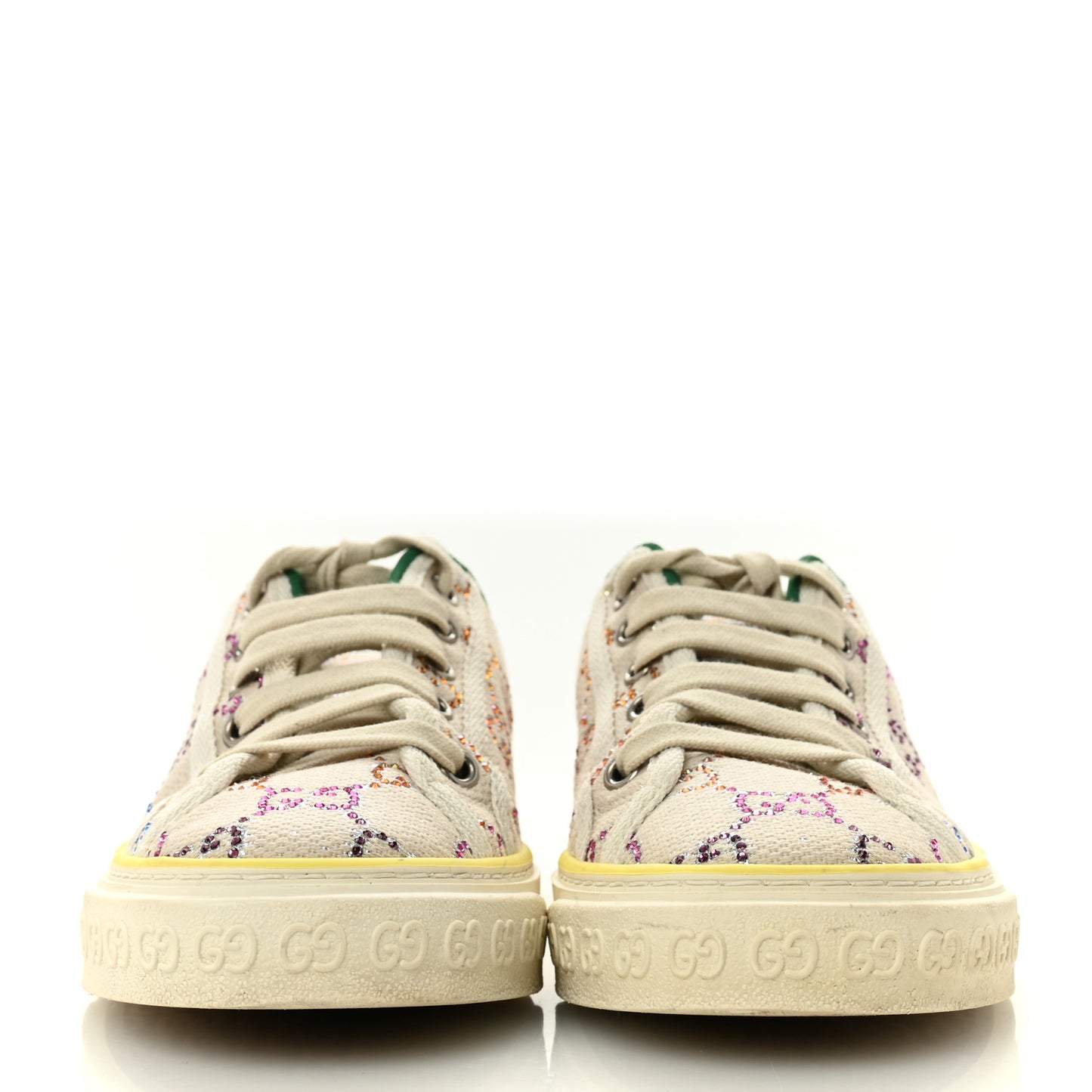 Canvas Lame Crystal GG Monogram Womens 1977 Tennis Sneakers 36 Gardenia Silver Mystic White
