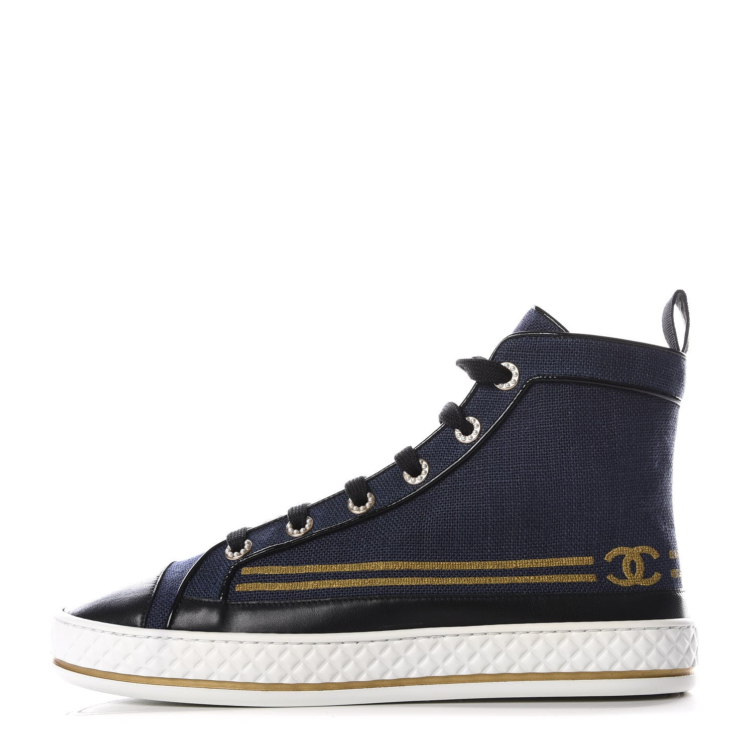 Chanel Fabric Lambskin Lace Up Cap Toe Sneakers 40 Navy Black 1 of 9