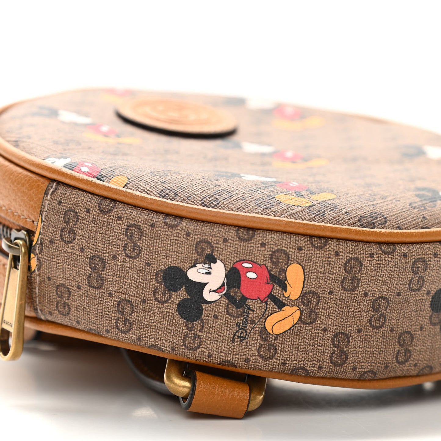 X DISNEY Mini Vintage GG Supreme Monogram Mickey Mouse Round Backpack Beige Vintage Sun Oil