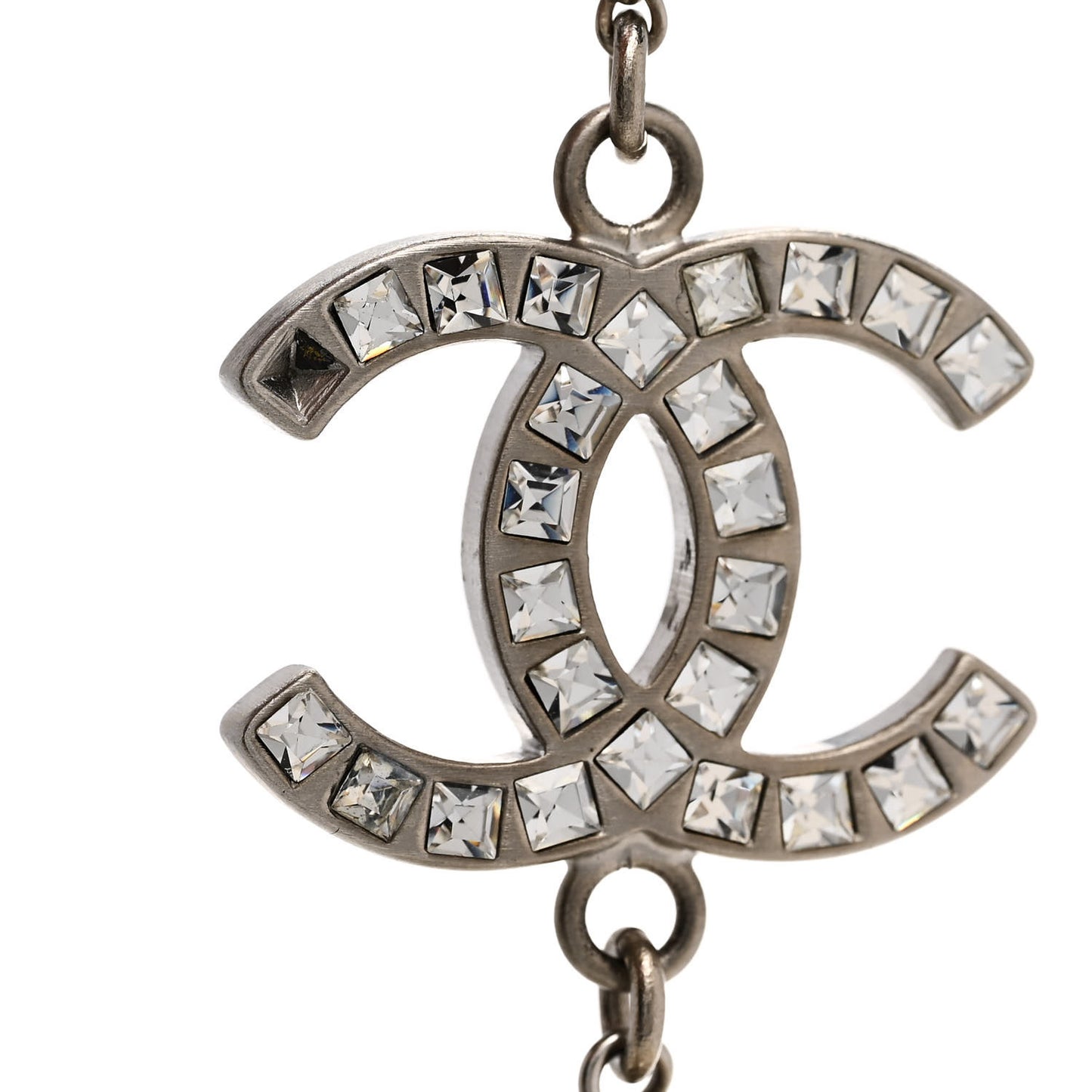 Baguette Crystal Pearl CC Long Necklace Silver