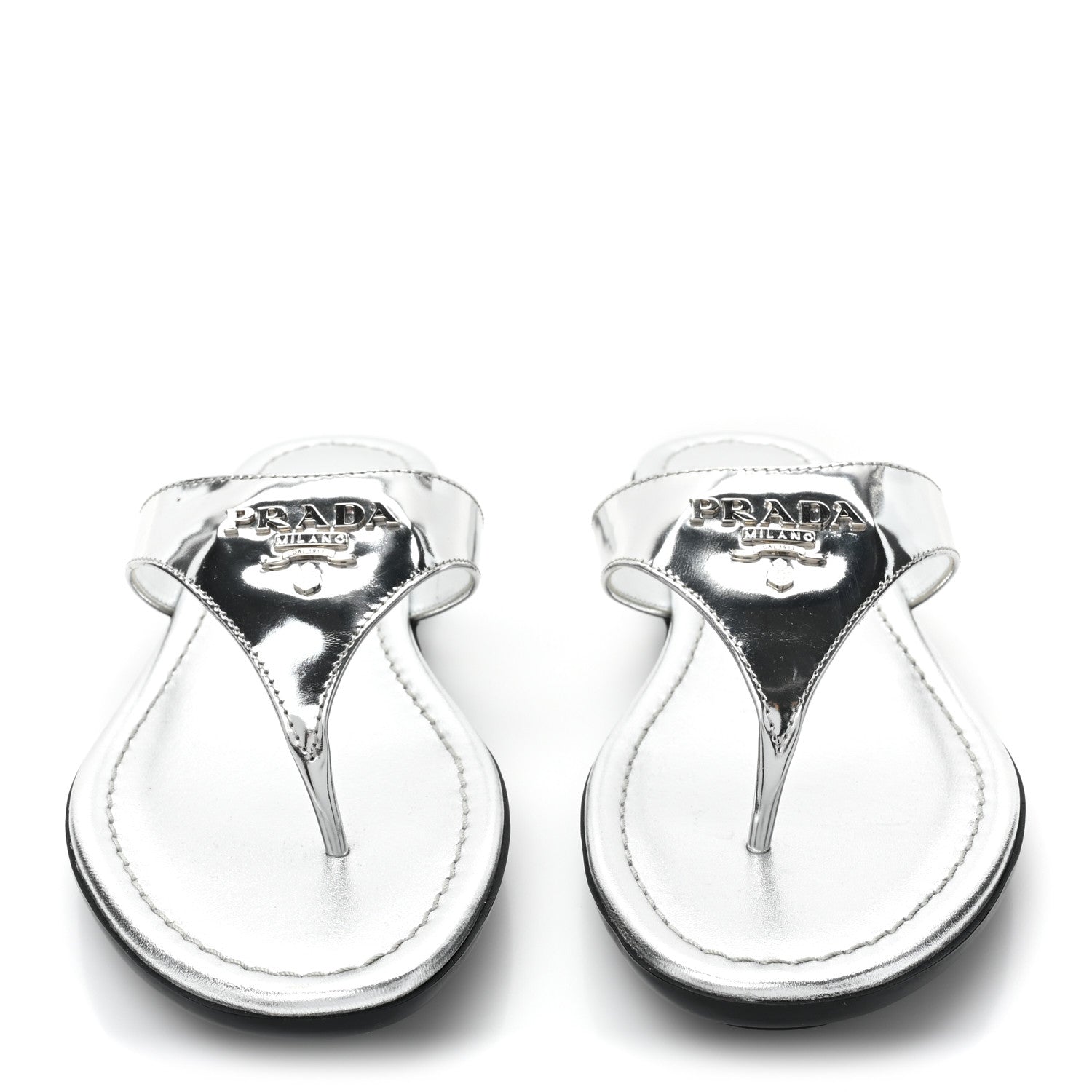 Prada Metallic Calfskin Logo Thong Sandals 35.5 Silver 2 of 9