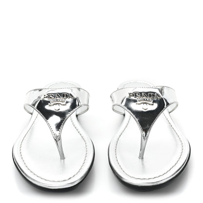 Prada Metallic Calfskin Logo Thong Sandals 35.5 Silver 2 of 9