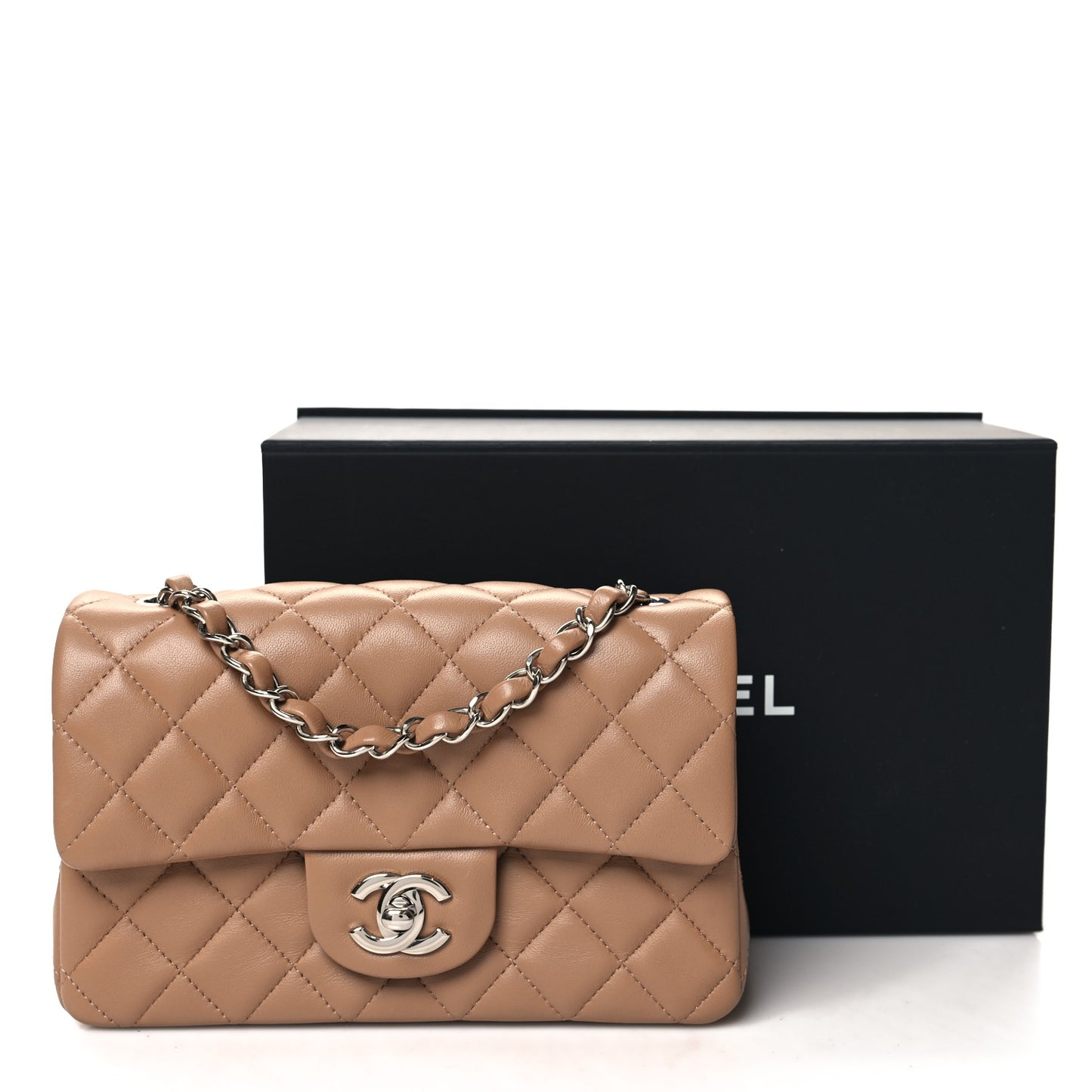 Lambskin Quilted Mini Rectangular Flap Dark Beige