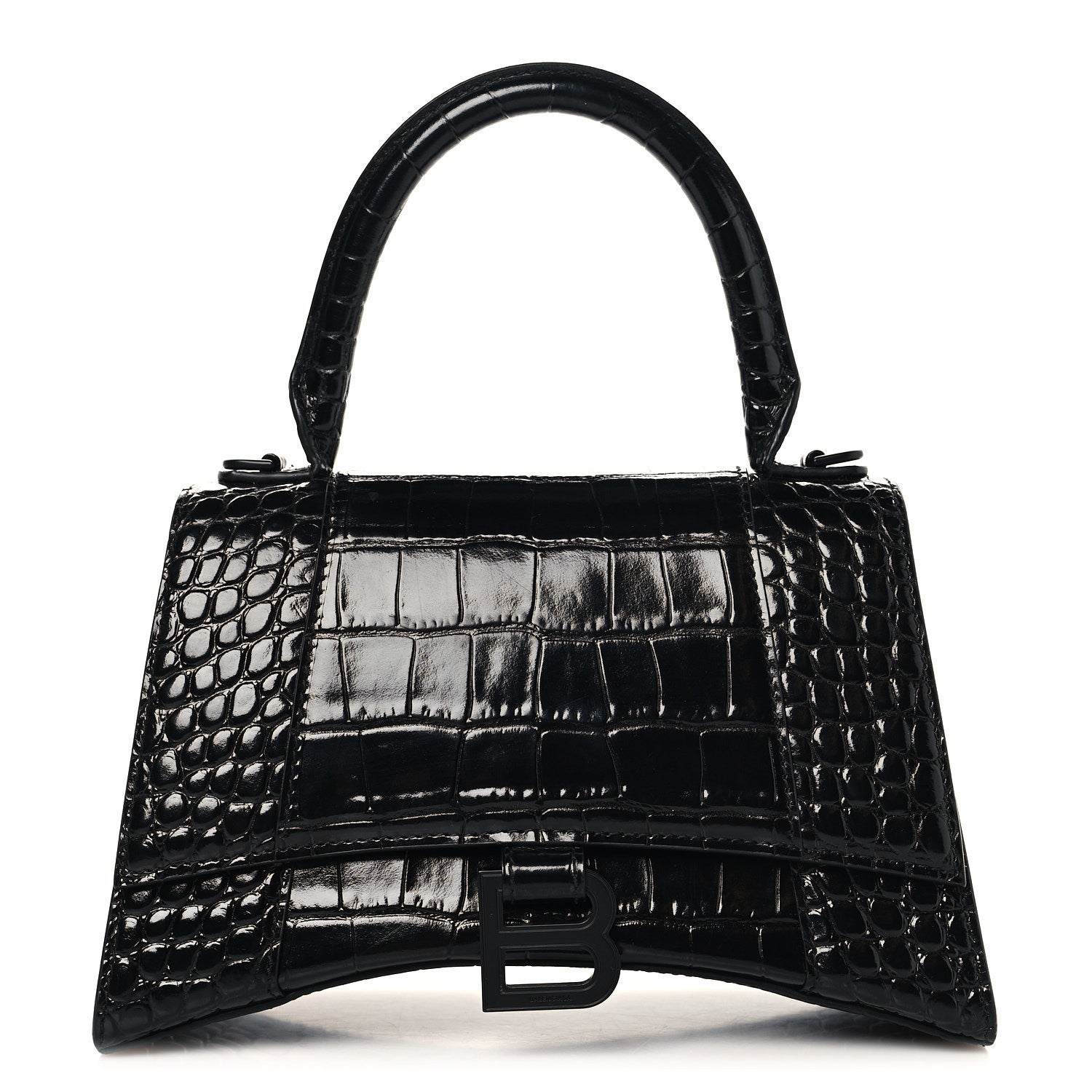 Balenciaga Shiny Calfskin Monochrome Crocodile Embossed Small Hourglass Top Handle Bag Black 1 of 11