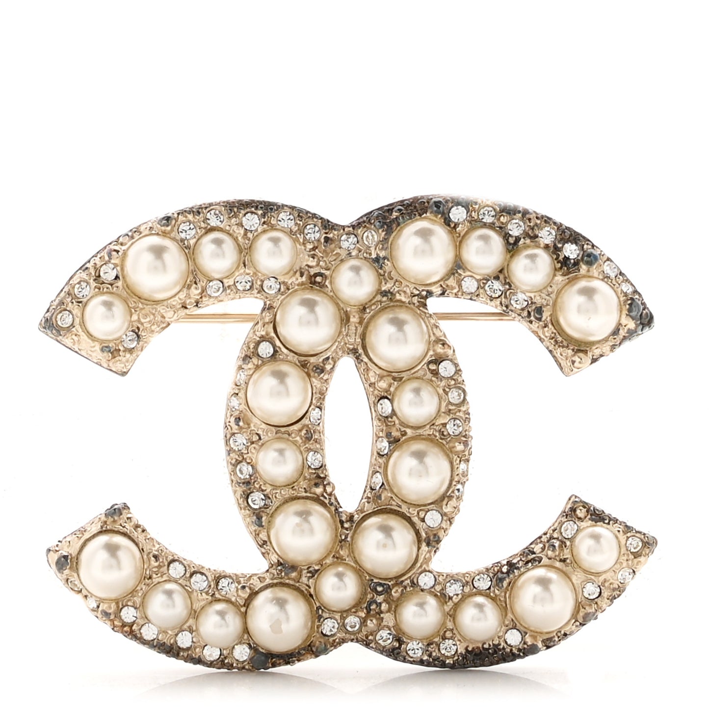 Metal Crystal Graduated Pearl CC Brooch Gold