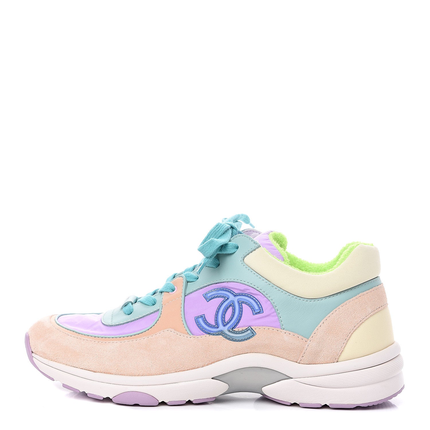 Chanel Nylon Lambskin Suede Calfskin CC Sneakers 40.5 Green Purple Pink 1 of 9