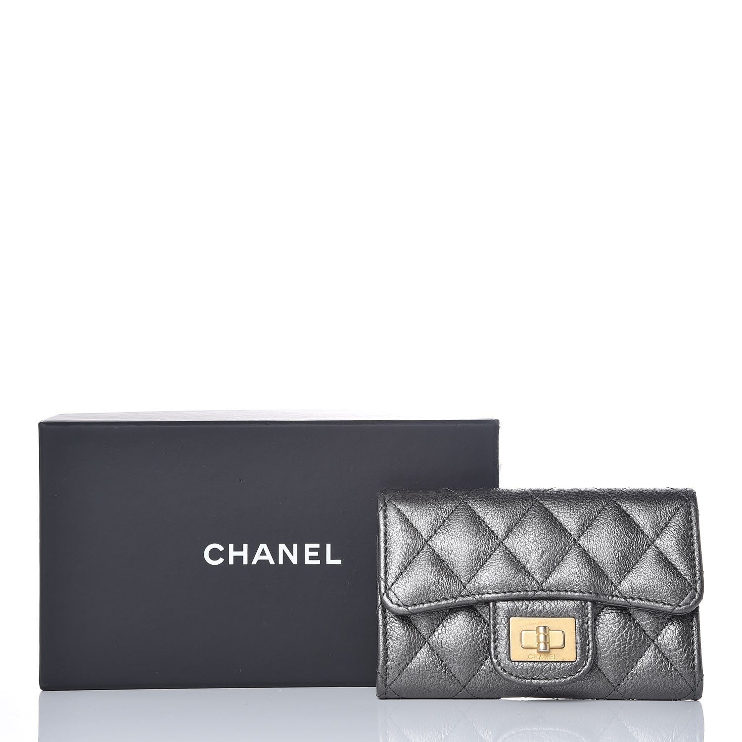 Chanel Metallic Calfskin Quilted Reissue Card Holder Wallet Grey 10 of 10