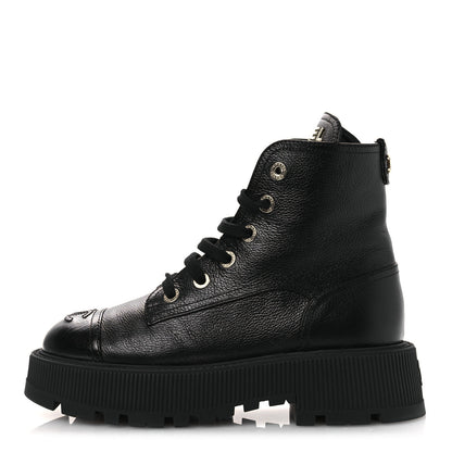 Chanel Grained Calfskin Shiny Calfskin CC Lace Up Combat Boots 38.5 Black 1 of 11