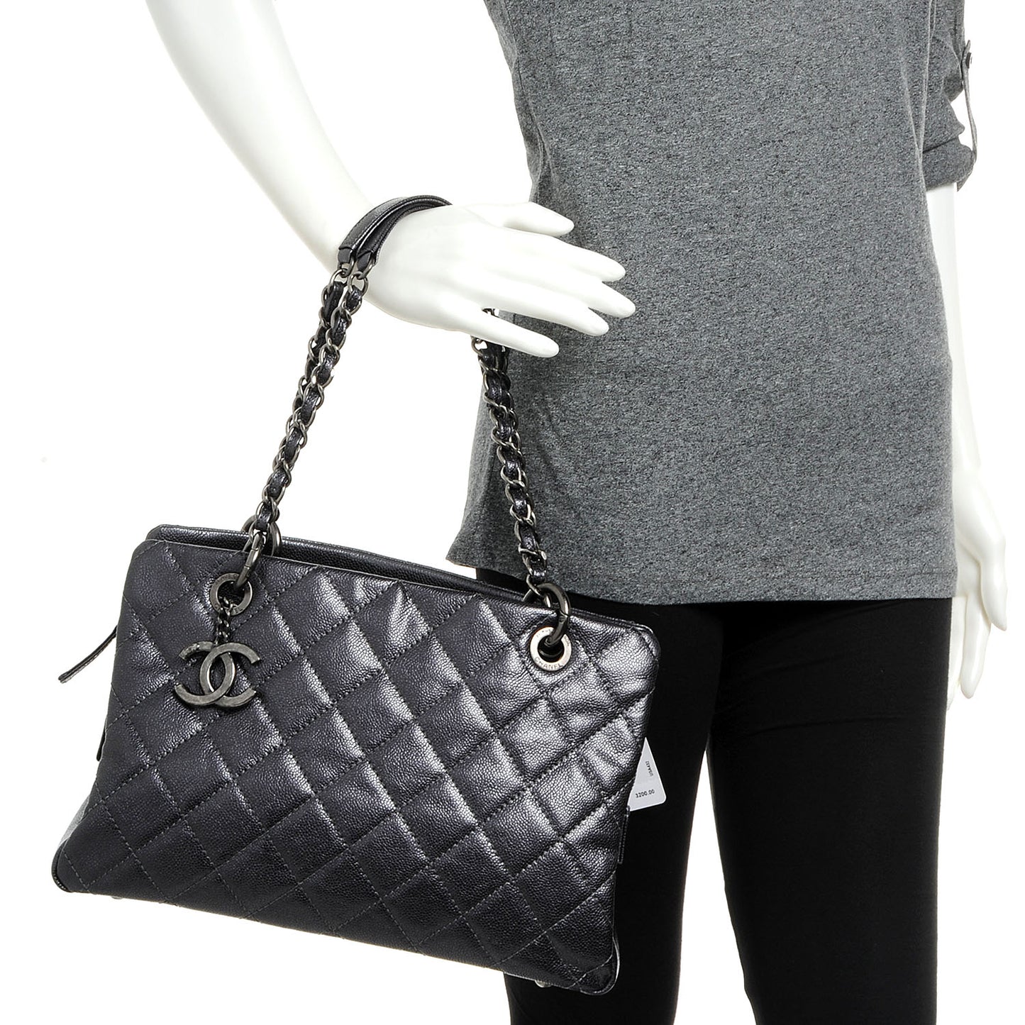 Caviar Timeless CC Large Zip Shopping Tote Dark Silver