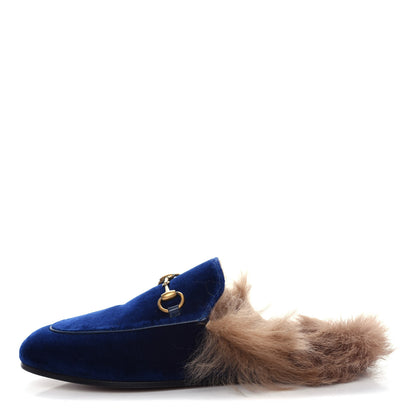 Gucci Velvet Fur Womens Princetown Slippers 36 Cobalt Blue 1 of 11