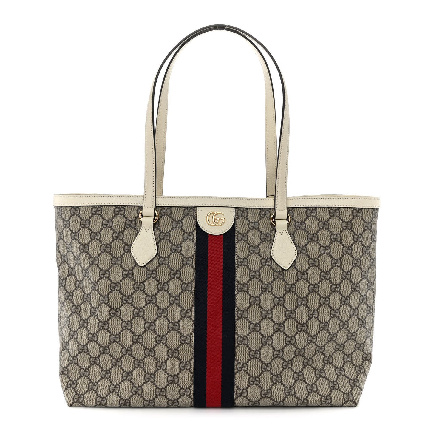 GG Supreme Monogram Textured Dollar Calfskin Web Medium Ophidia Shopping Tote Beige Ebony Mystic White