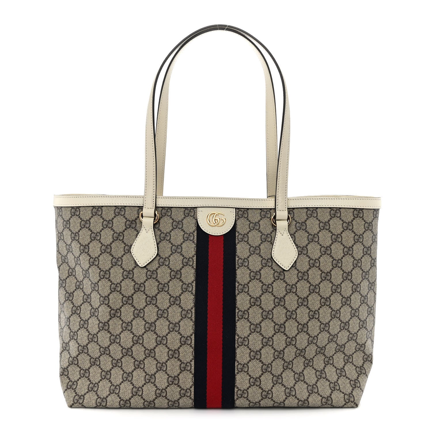 Gucci GG Supreme Monogram Textured Dollar Calfskin Web Medium Ophidia Shopping Tote Beige Ebony Mystic White 1 of 10